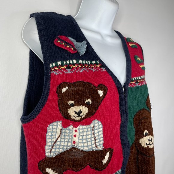 Vintage 90s Capacity Teddy Bear Sweater Vest Size M Red Blue Patchwork Zip Up - Picture 4 of 8